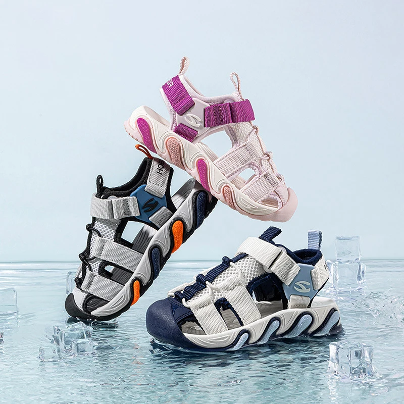 Mesh Breathable Children‘s Sports Sandals Closed Toe Hook & Loop Design Light Beach Footwear for Boys Girls Summer Outdoor Wear