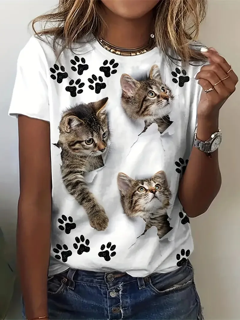 Plus Size Odzież damska 3D Cat Print Crew Neck T-shirt Casual Loose Short Sleeve Summer T-Shirts Tops Odzież damska