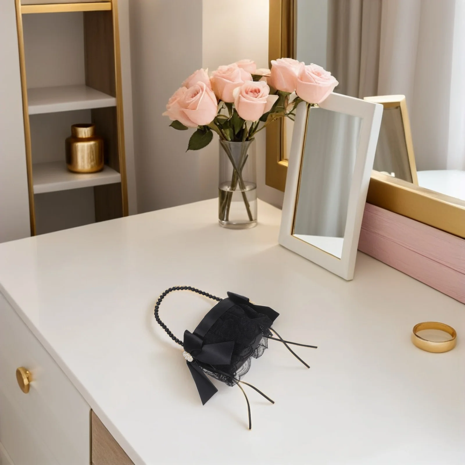 

Wedding Flower Basket Black Elegant Pearl Handle Petal Basket Wedding Ceremony Supplies Handle Flower Baskets