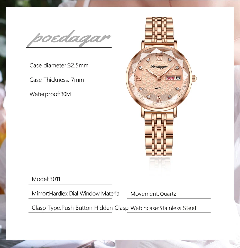 POEDAGAR Uhr Frauen Neue Mode Luxus Edelstahl Armbanduhr Armband Einfache Rose Gold Wasserdicht Leucht Damen Uhren – Detail 9