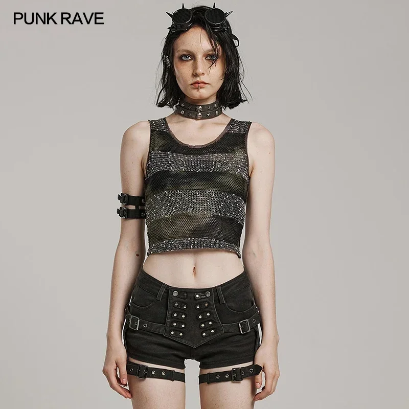 

PUNK RAVE Women's Punk Daily See-through Mesh Striped Vest Sexy Double-layer Splicing with Different Textures Tanks Summer