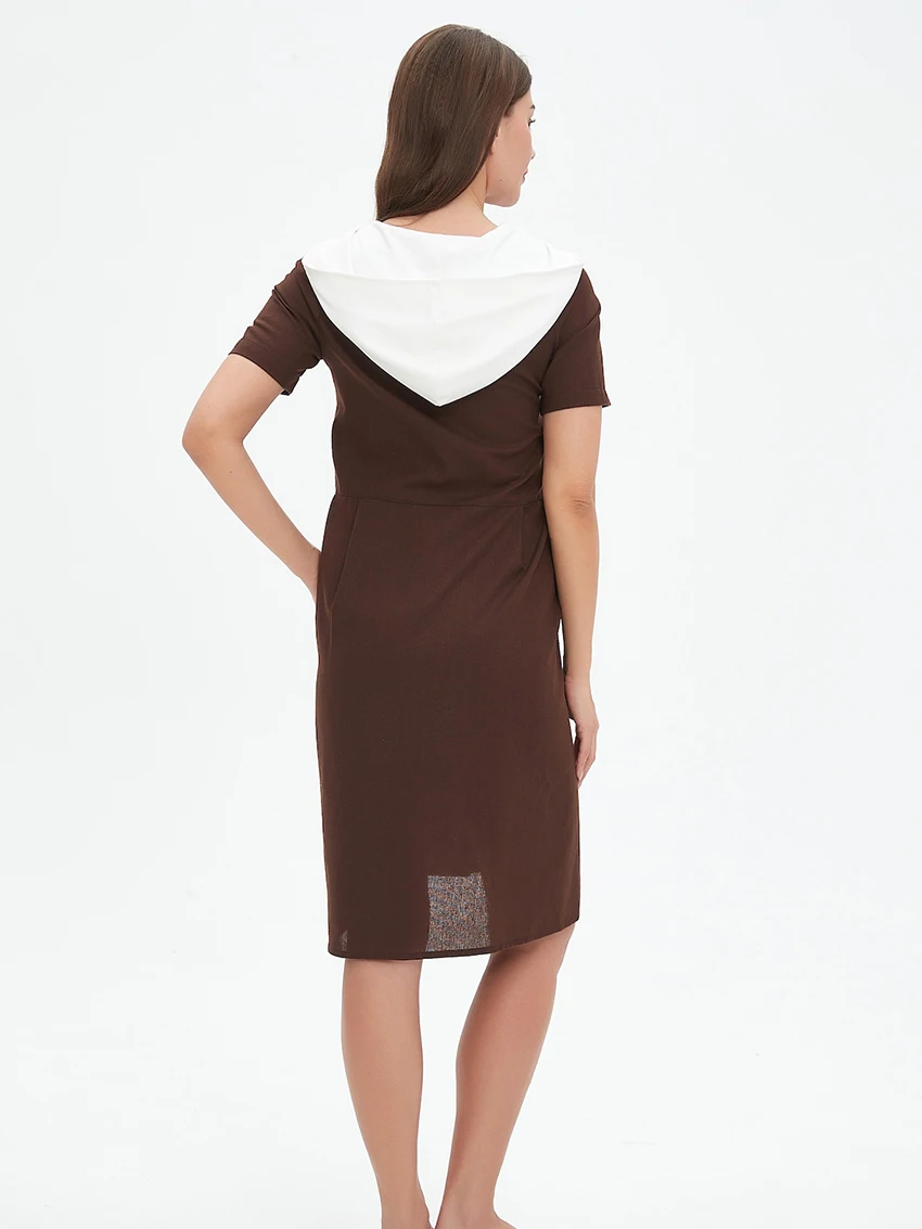 Parc Fee – robe mi-longue décontractée, ample, marron, à capuche, manches courtes, élégante, classique, Patchwork, à la mode, 2025