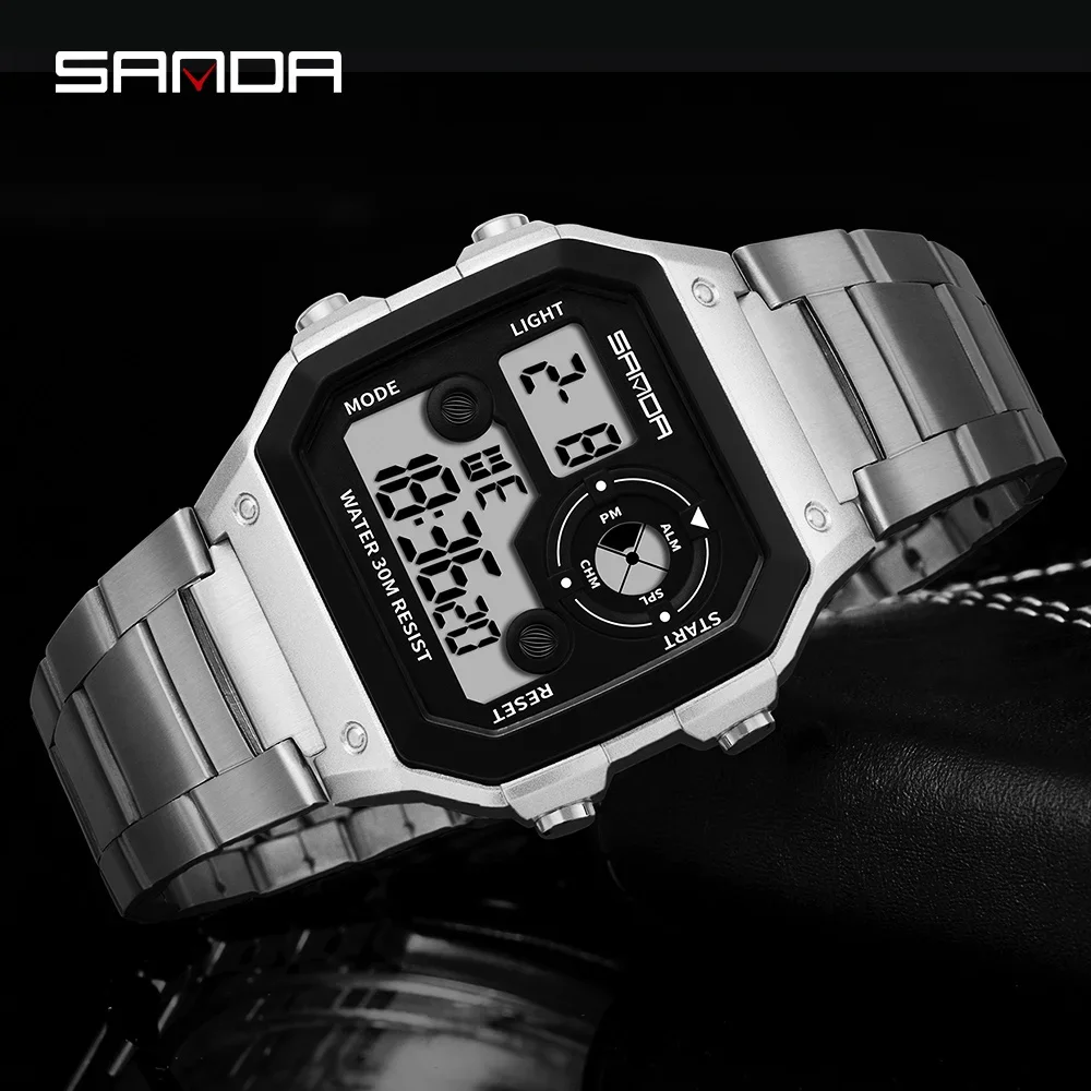 

SANDA Square Dial Men's Sports Watch, Stainless Steel , Electronic Core, 30M Waterproof, Luminous Display, Date Week Watches