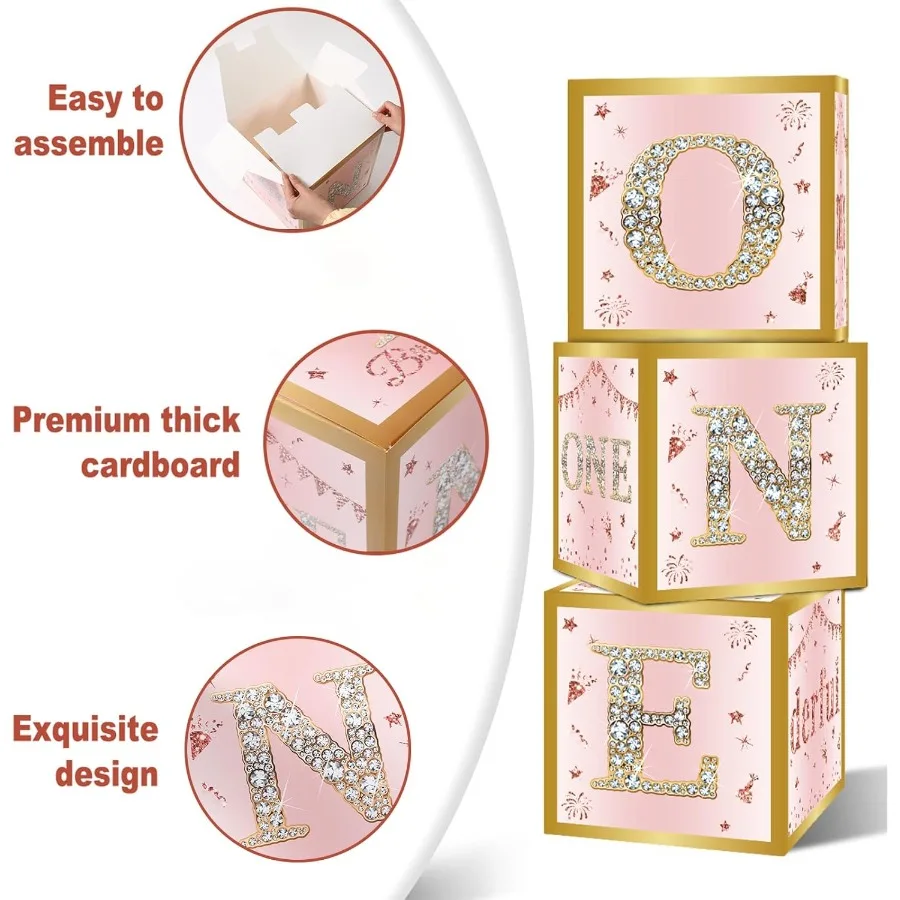 아기 여자아이 첫 생일 장식 박스 3개 세트 핑크 로즈 골드 원더풀 핏 생일 풍선 박스 한 살 생일 축하