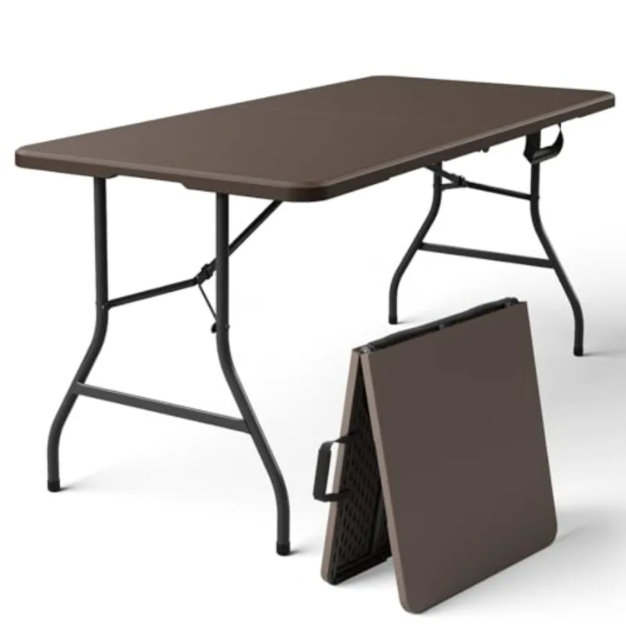 

5FT Folding Picnic Table with Carrying Handle Brown Heavy Duty Fold-in-Half Portable Table for Weddings Camping RV Travel Parti