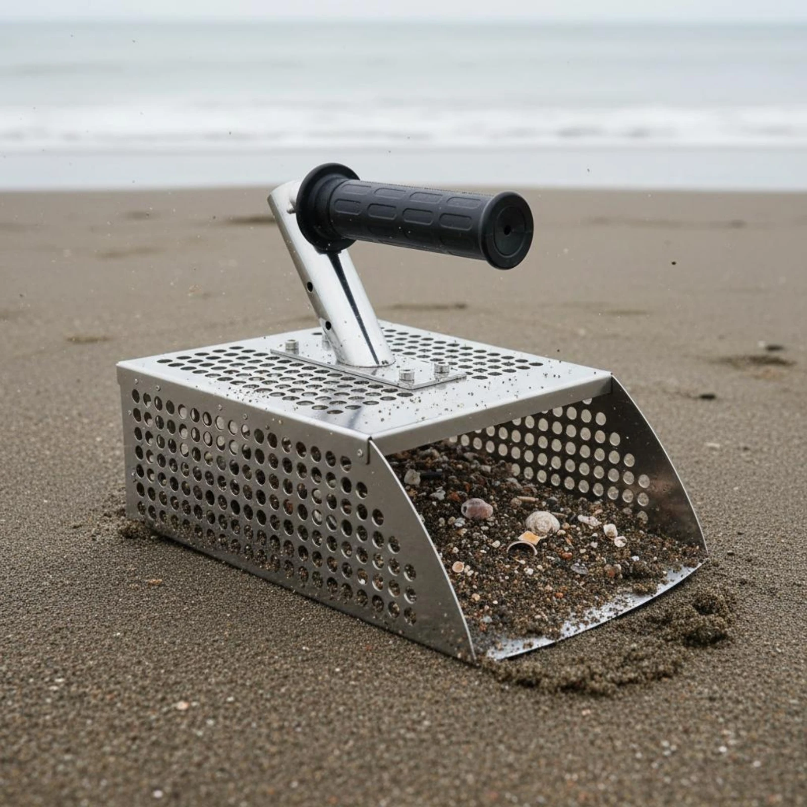 Sand Flea Rake Stainless Steel Perforated Sand Scoop Detachable Handle Rake Black Grip Outdoor Tool Curved Body