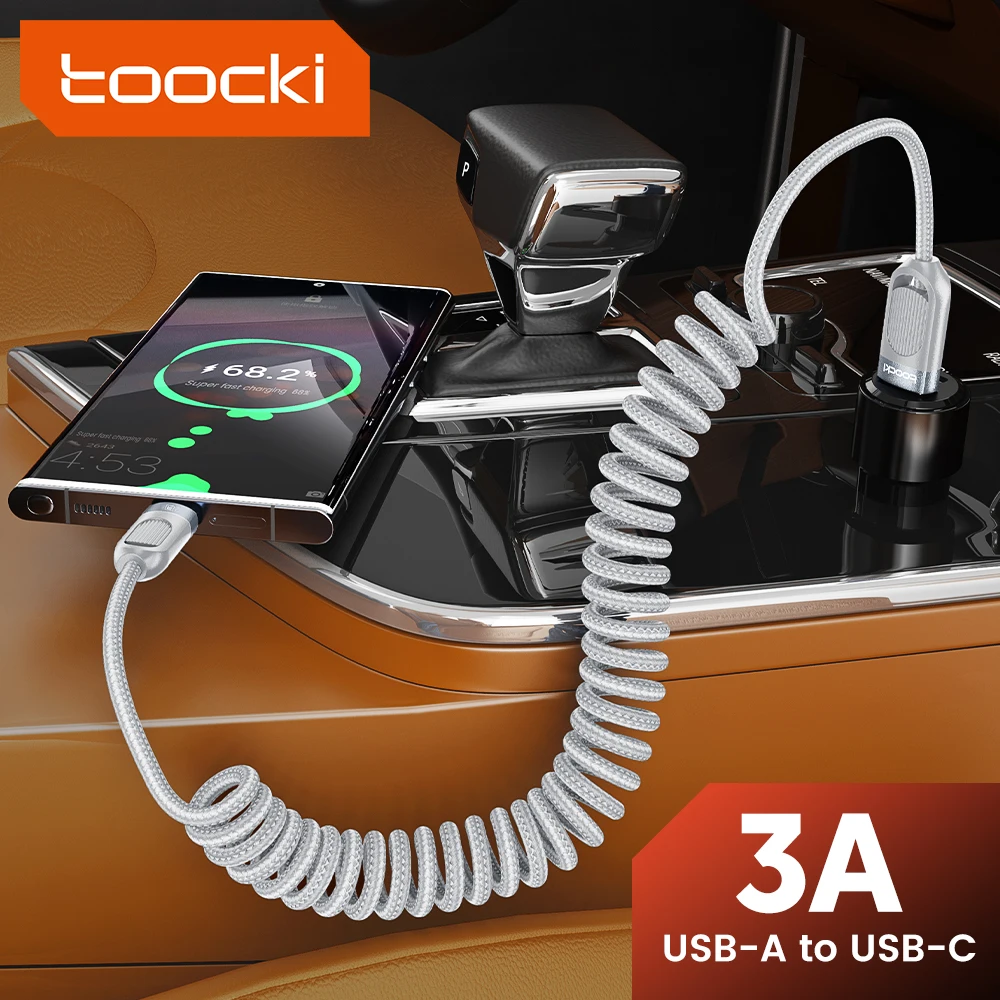 

Toocki 3A USB C Пружинный кабель для быстрой зарядки QC 3.0 Пружинный плетеный кабель для iPhone 17 16 15 Pro Max iPad Pro Samsung S25 Xiaomi15