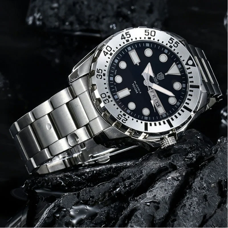 Quartz Watch for Men Submariner Series 45mm Dial with Miyota Movement Luminous  Weekday Calendar Steel and Silicone strap 3ATM