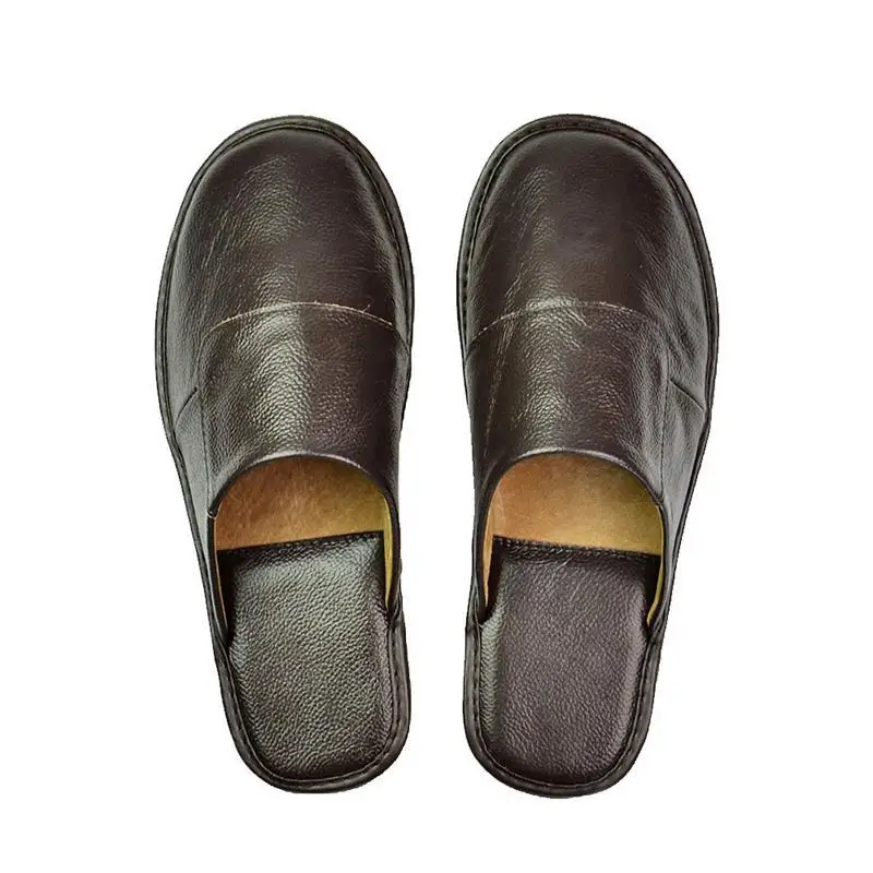 Cow Split Leather Handmade Men Home Slippers Spring Slip On Soft Comfortable Black Brown Bedroom Indoor Flat Men Shoes