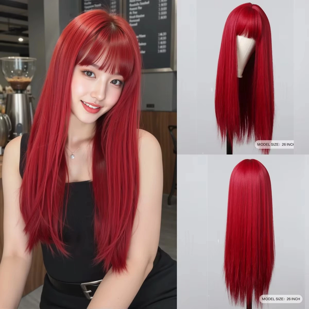 Image of Rote synthetische Perücke mit langen, glatten Haaren für Partys, Halloween-Cosplay, täglichen Gebrauch, hitzebeständige Haarkappe