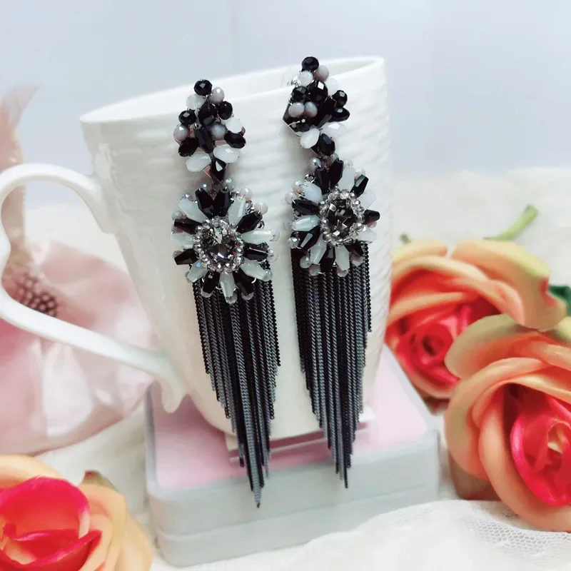 2024 Bohemian Retro Ethnic Flowers Tassel Earrings Handmade Jewelry Exaggerated Long Earrings for Women