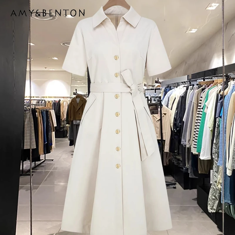 

High-end Temperament Waist-cinching Casual Women's Dress 2026 Summer Solid Color Elegant Short-sleeved Thin Long Dresses Ladies