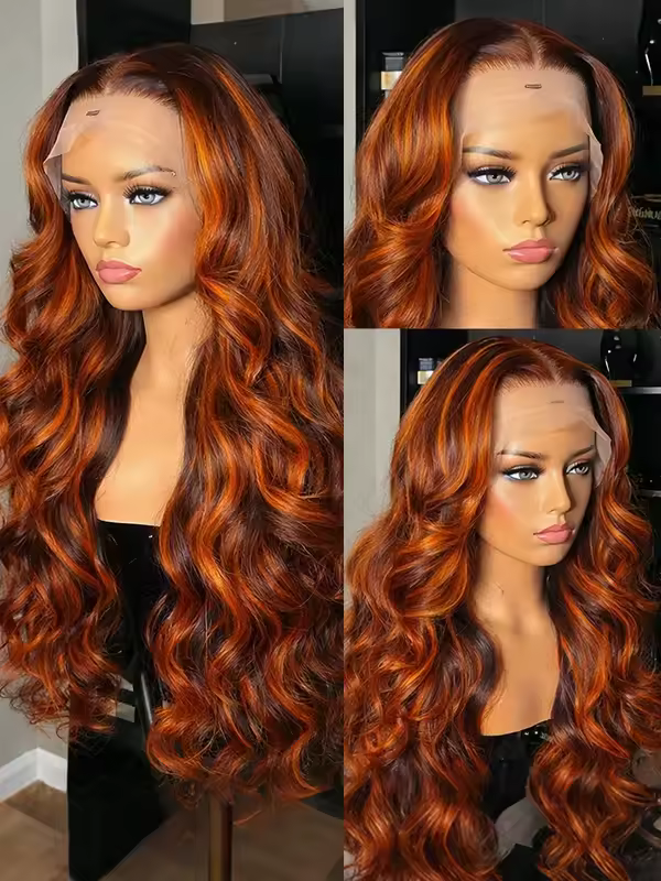 4/350 Highlight Ombre Body Wave Wigs 13x6 Lace Front Human Hair Wig Ginger Orange Brown Colored Water Wave 13x4 Lace Frontal Wig - Image 5