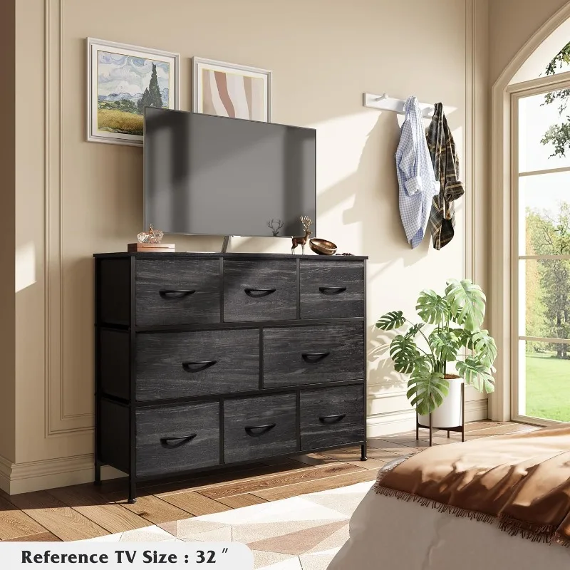 8 Drawer Dresser for Bedroom, Fabric Black Dresser with Large Storage Drawer Unit for Entryway, Chest of Drawers for Living Room