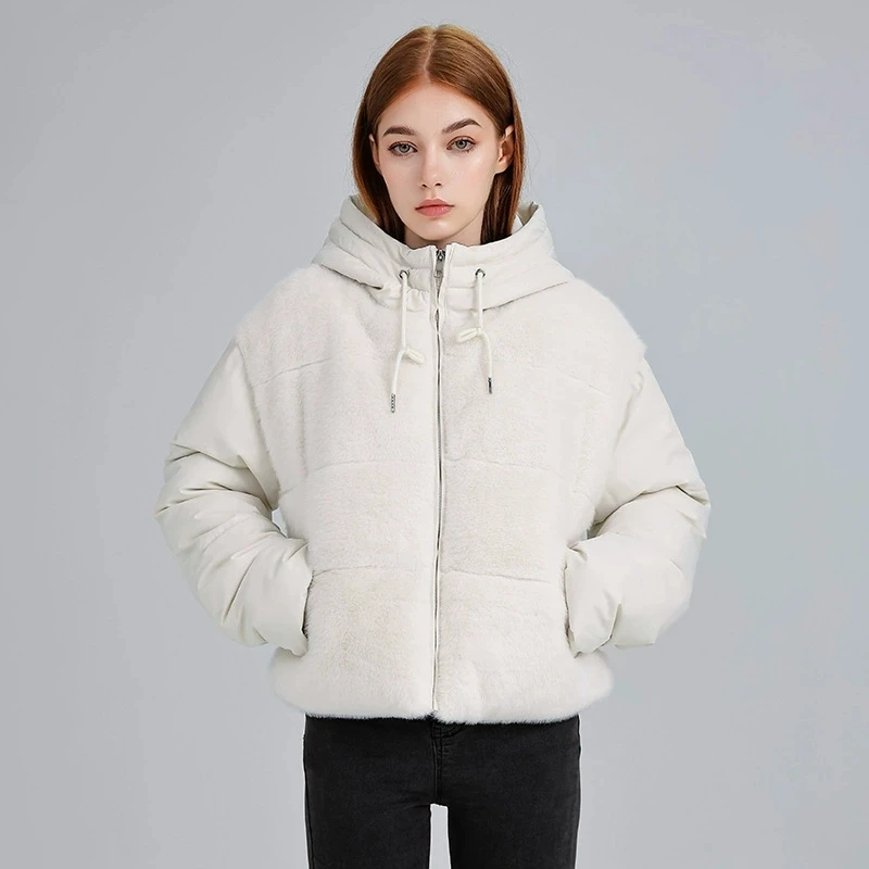 2025 New Women Hooded Cotton Coat Splicing Fur Coat Women Warm Thicken Short Parkas Coat Women Winter Cotton Padded Jacket