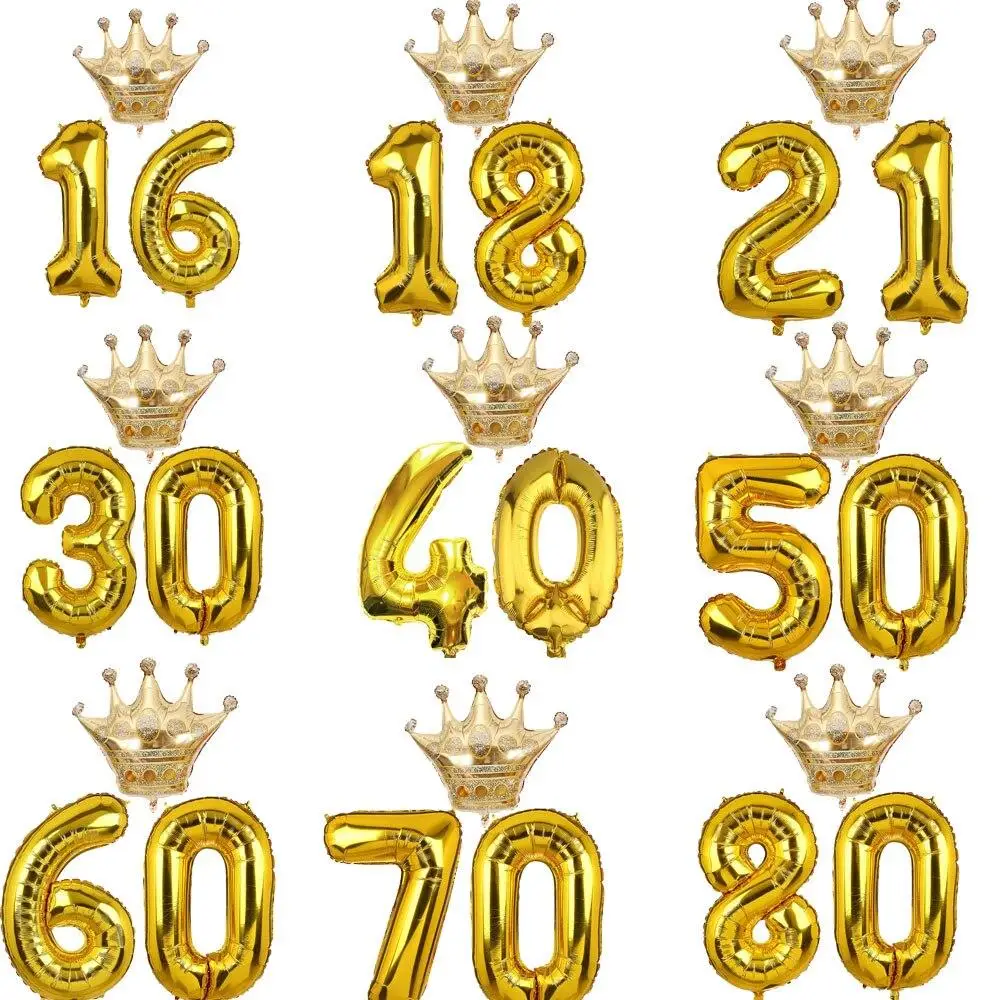 10 18 20 30 40 50 To 90 Years Old Kid Adult Birthday Party Gold Crown Number Balloons Set Anniversary Decorations Supplies