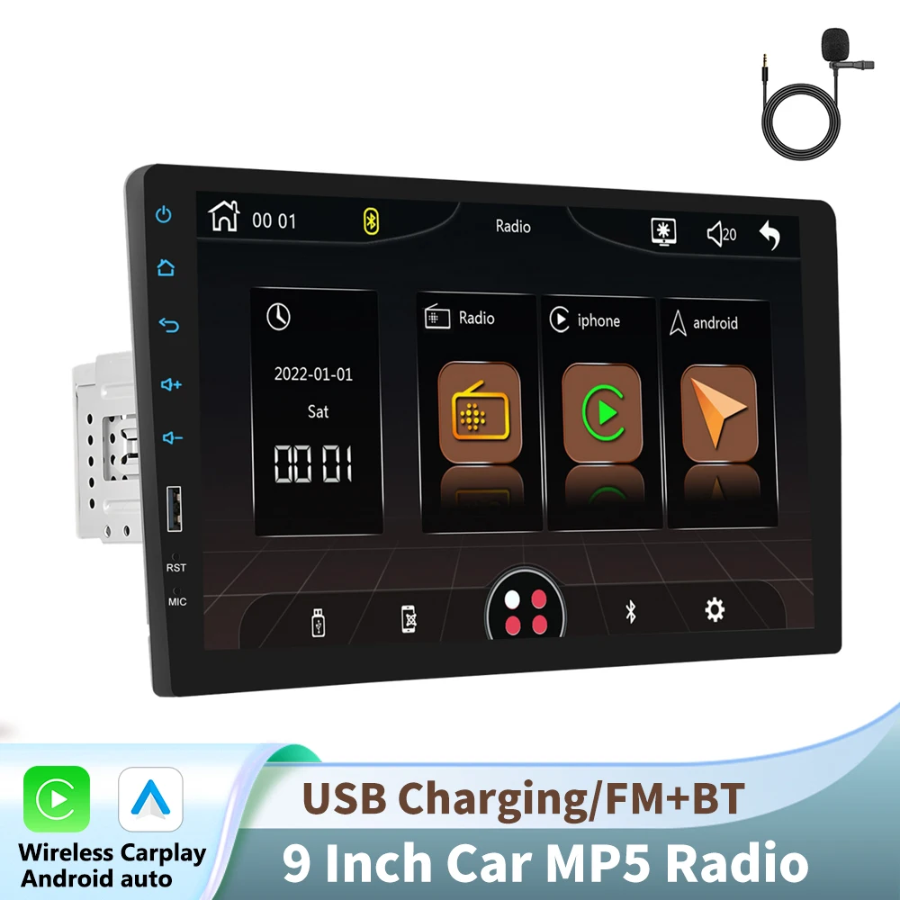 Podofo 1 Din 7" HD Universele Auto MP5 Speler Bluetooth FM Radio Draadloze Carplay Android Auto Multimedia Speler USB/SD/AUX-IN