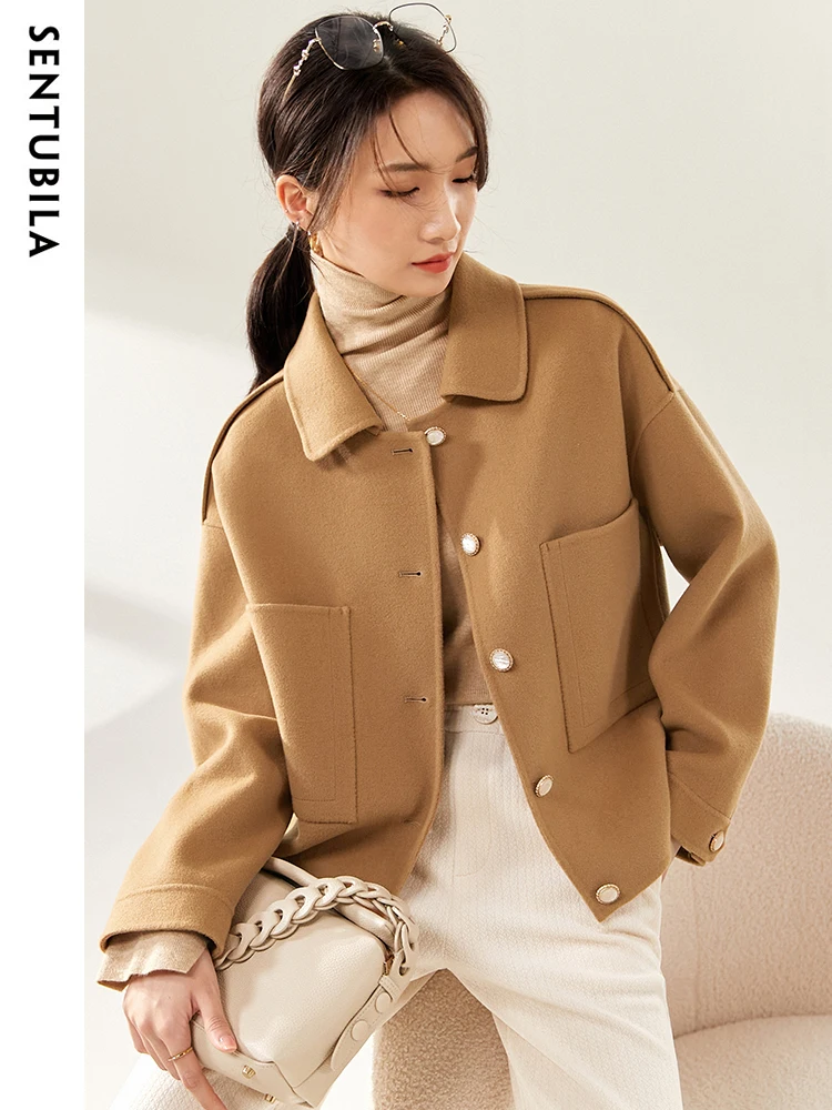 

SENTUBILA Winter Wool Blend Coat Women 2024 High Quality Double-faced Patch Pocket Single Breasted Lapel Woolen Coat W24O42042