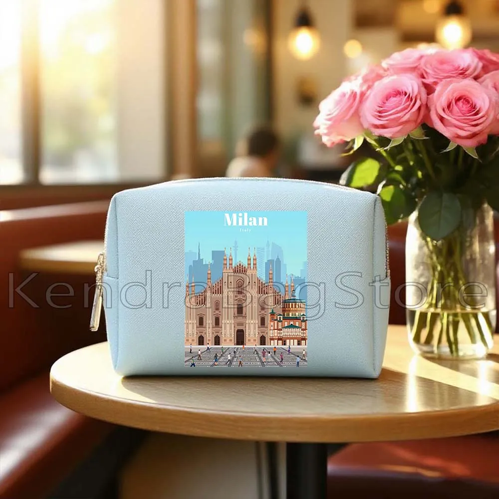 Santorini Greece Tokyo Kyiv Milan Italy Rio De Janeiro San Diego Blue PU Leather Cosmetic Bags Makeup Waterproof Storage Bags