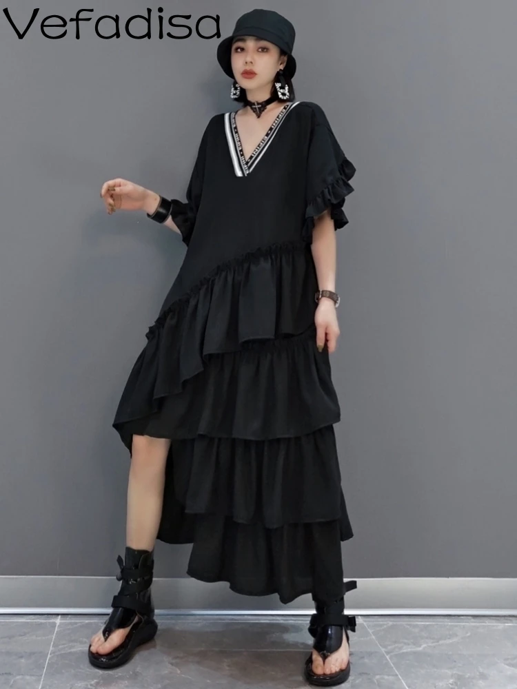 Vefadisa 2025 Summer Fashion Dress Black V-neck Loose Cake Skirt Asymmetric Personalized Trendy Girl Irregular Dress ZY748