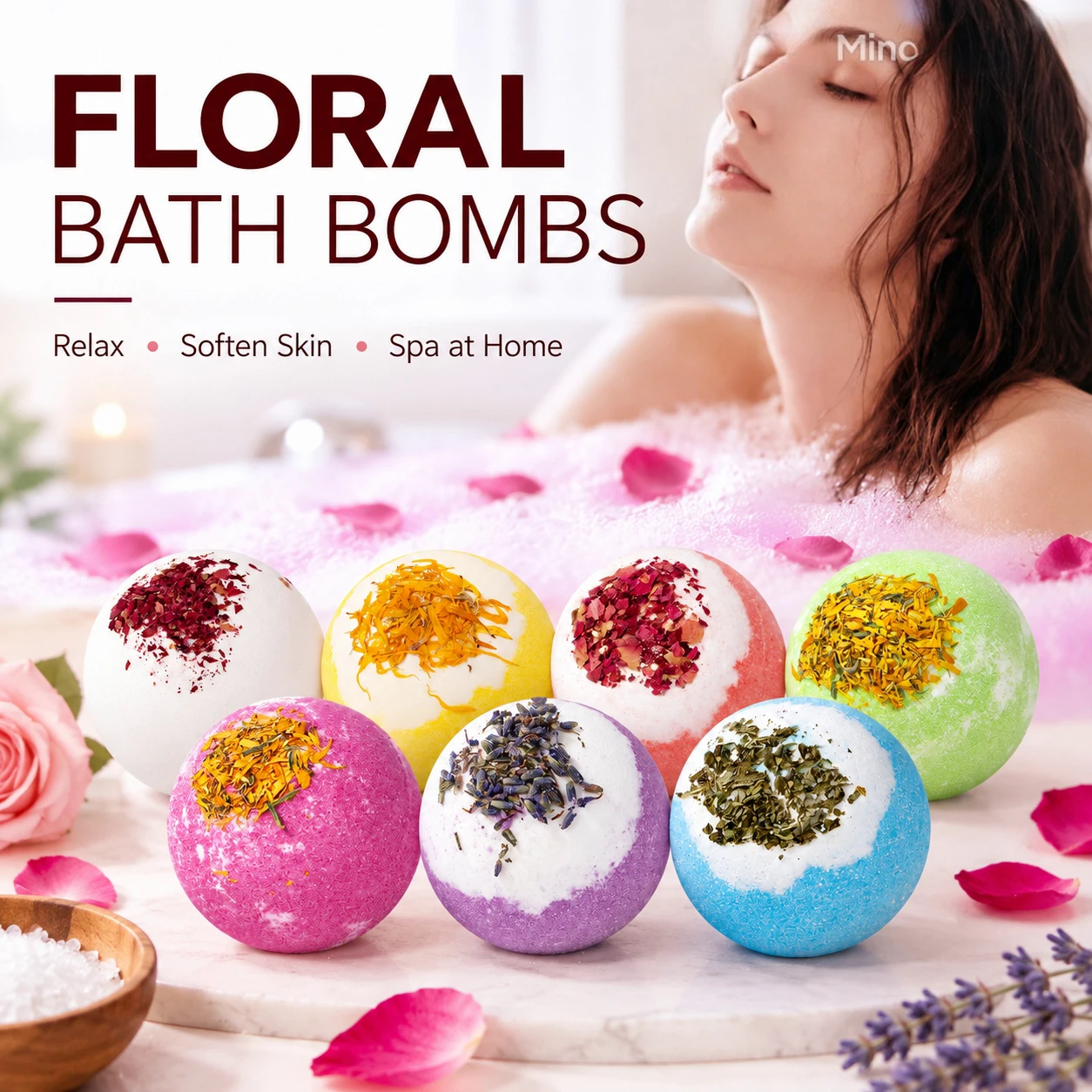 Bath Salts, Dried Flowers Rose Extract Essential Oils Moisturizing Fizzy Bubble Bath Salts for Dry Skin Spa Relaxation Self Care