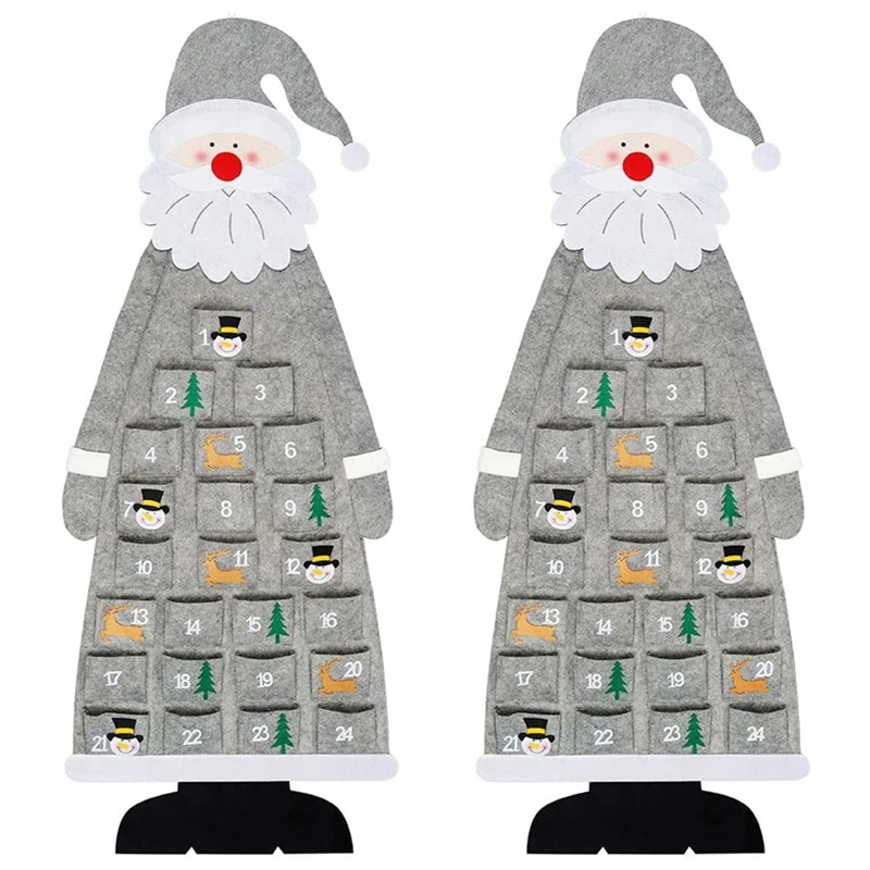 

2X Christmas Felt Advent Calendar Wall Hanging Santa Advent Calendar With Pockets 24 Days Reusable Gray