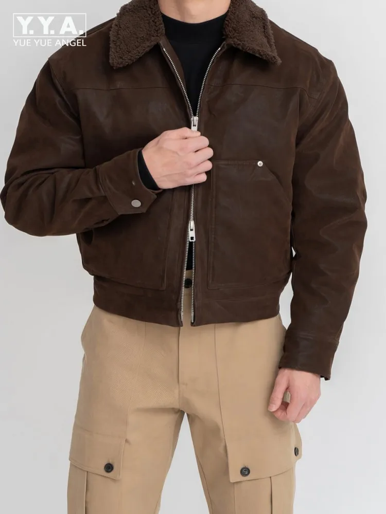 American Retro Turn Down Collar Male Comfortable Faux Leather Jacket Solid Color Long Sleeves Zipper Warm Men Loose Outerwear