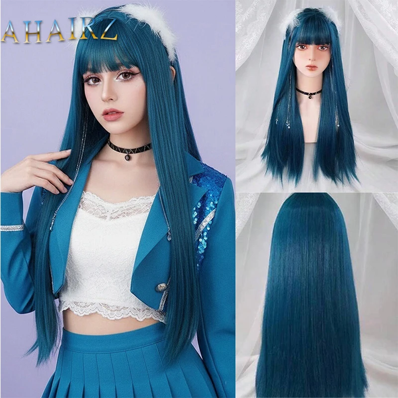 

24-дюймовый длинный прямой синтетический сине-зеленый парик с челкой Лолита Косплей Пушистый термостойкий парик из волос для повседневной вечеринки