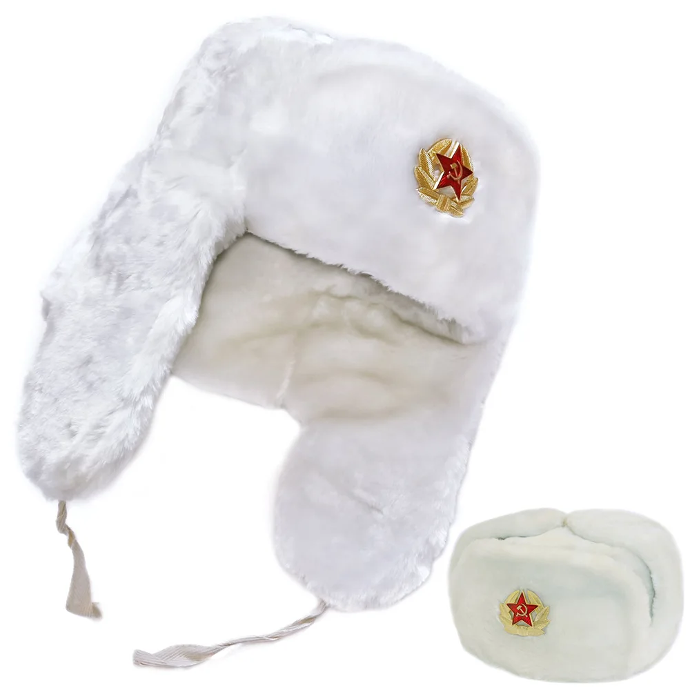 2026 New Soviet Badge Ushanka Hat Full Fur Thick Warm Winter Cap Men Women Outdoor Cold-proof Ear Flaps Thermal Cotton Hat