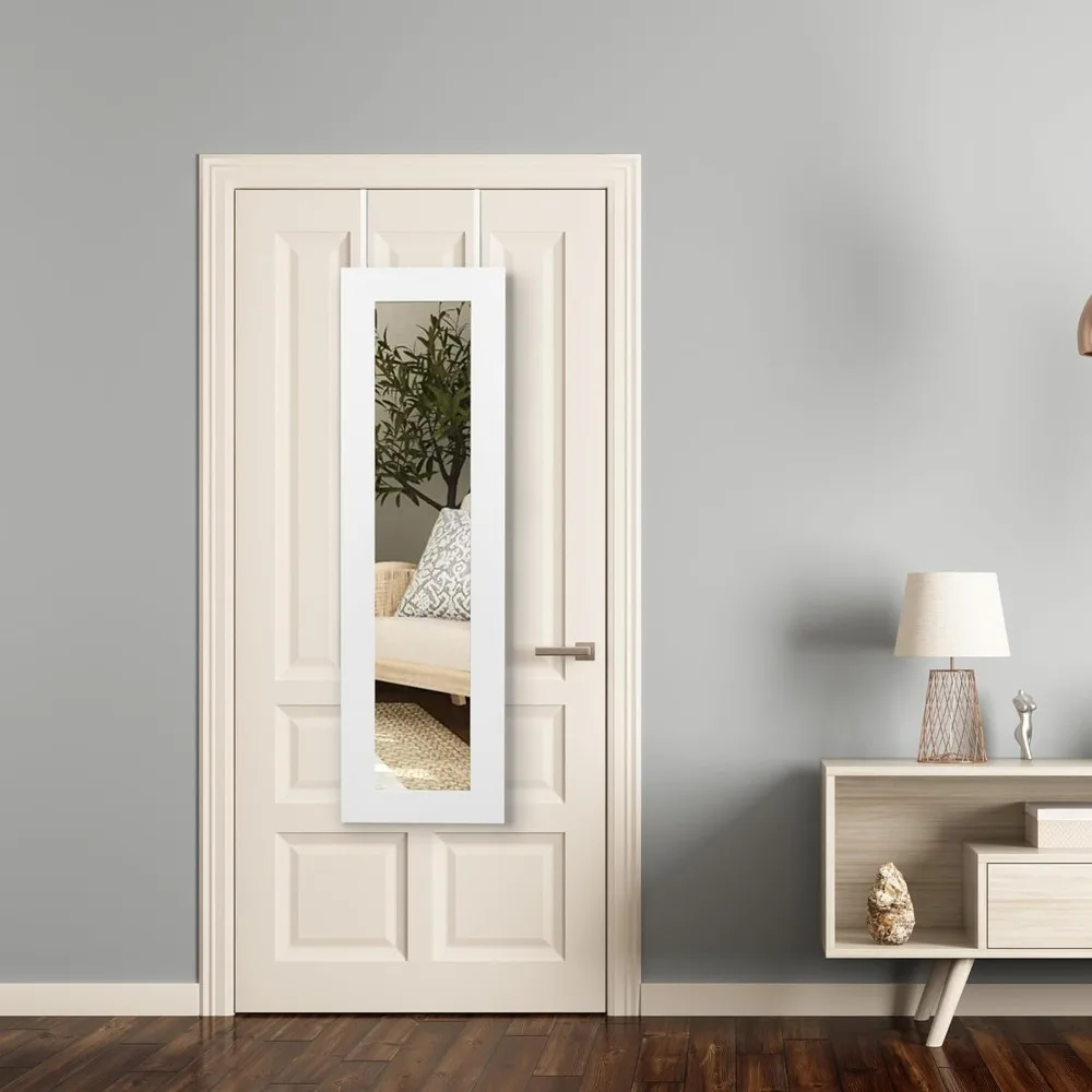 Jóias Organizador com Corpo Inteiro Espelho, Mind Reader, Armório de Armazenamento, Wall Mount, Madeira, Branco, 12,5 polegadas, L x 3,5 polegadas, W x 43,5 polegadas, H