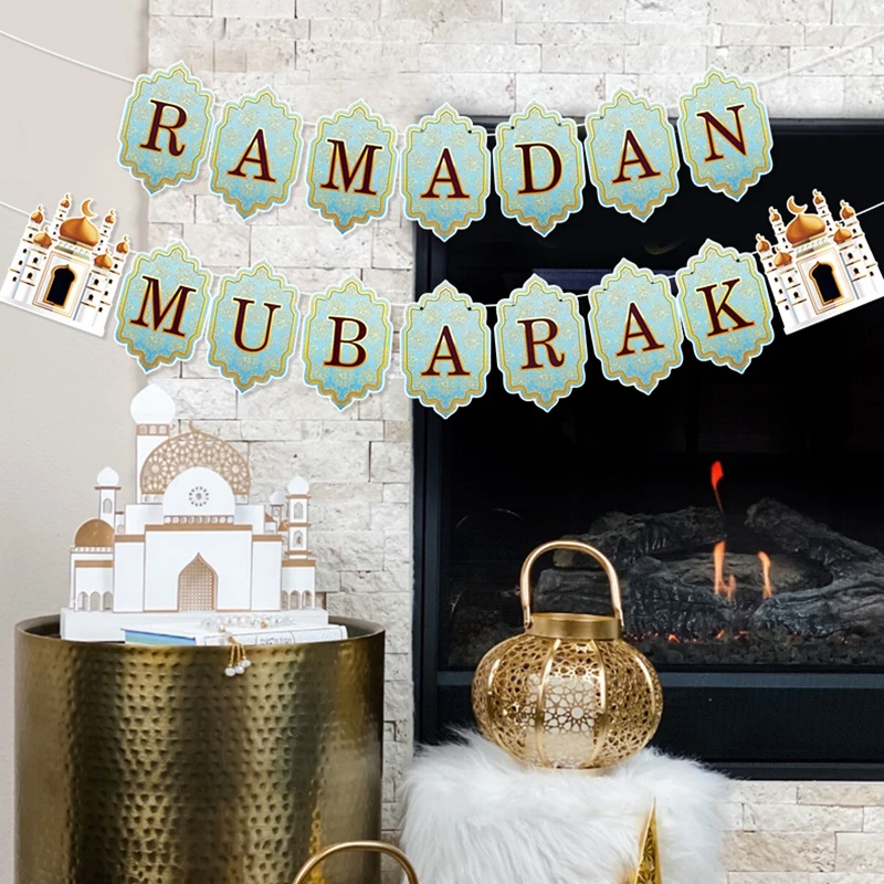 Ramadan Banner Flag 2025 Eid Mubarak Paper Garland Islamic Muslim Party Hanging Ornaments Ramadan Kareem Decorations for Home