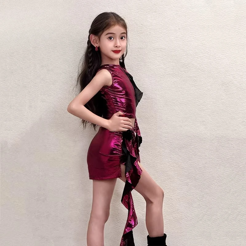 

2026 Summer New Style Latin Dance Costume for Girls' Training Suit for Children's Performance Dance Costume Set Shiny Purple