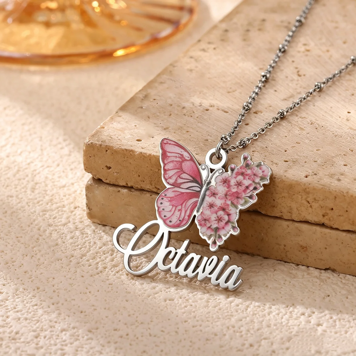 Custom Name Pink Butterfly Cherry blossoms Necklace Personalized Nameplate Beaded Chain Necklace Women Stainless Steel Jewelry