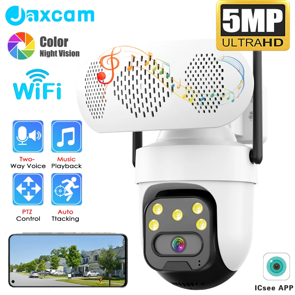 

5MP Bluetooth Speaker PTZ Camera Outdoor WiFi Two Way Audio Human Auto Tracking Surveillance Cameras with Music Player