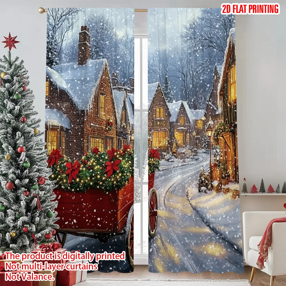 

2pcs 2D flat printing Merry Christmas Curtain European landscape Machine Washable Fabric Without Electricity Versatile for