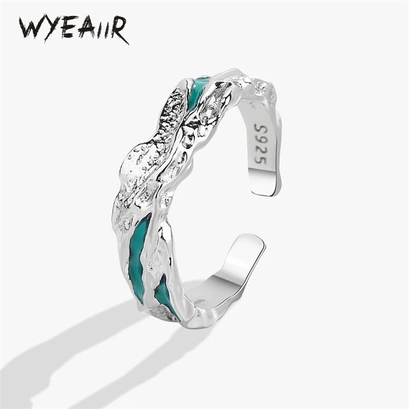 

WYEAIIR 925 Sterling Silver Original Irregular Green Drop Glaze Creativity Resizable Opening Ring For Women Luxury Jewelry