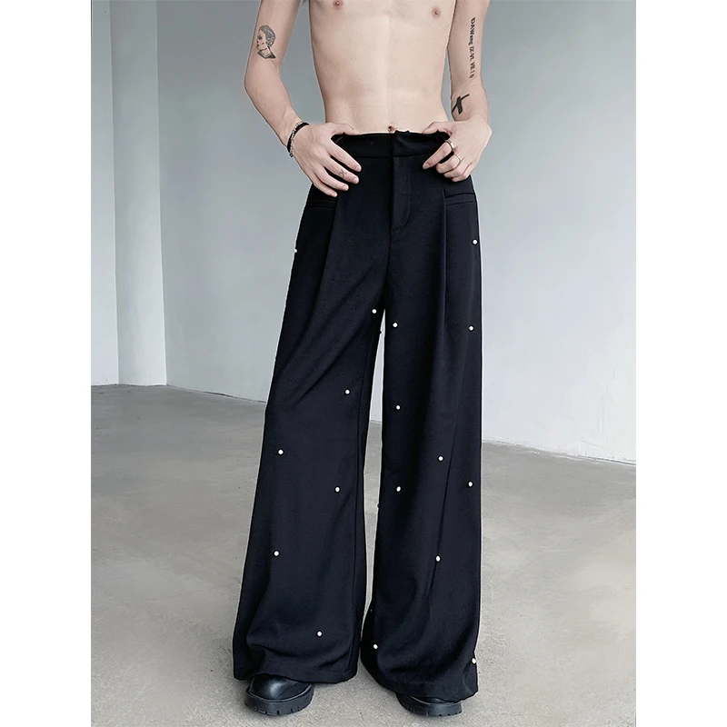 

SYUHGFA Fashion Pearl Rivet Design Men's Suit Pants Korean Straight Loose Wide Leg Casual Trousers 2024 Autumn Men Clothing