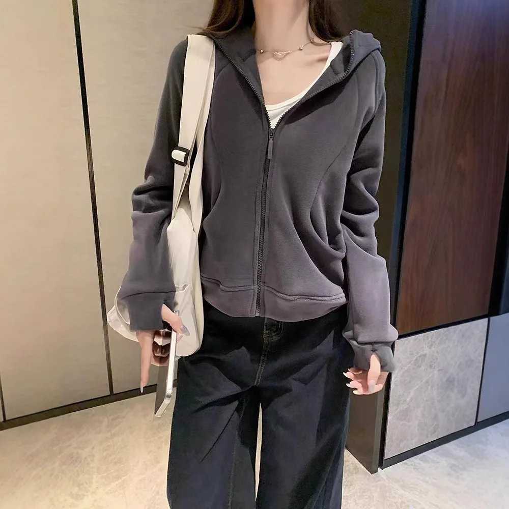 秋冬新無地肥厚フリース長袖女性痩身ジッパーフード付きスウェットシャツジャケットFY