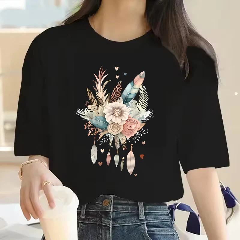 

2025 Hot Sale Art Flower Feather Print T-shirt Short Sleeve Crew Neck Casual Summer Spring Women's Clothing Top Tee