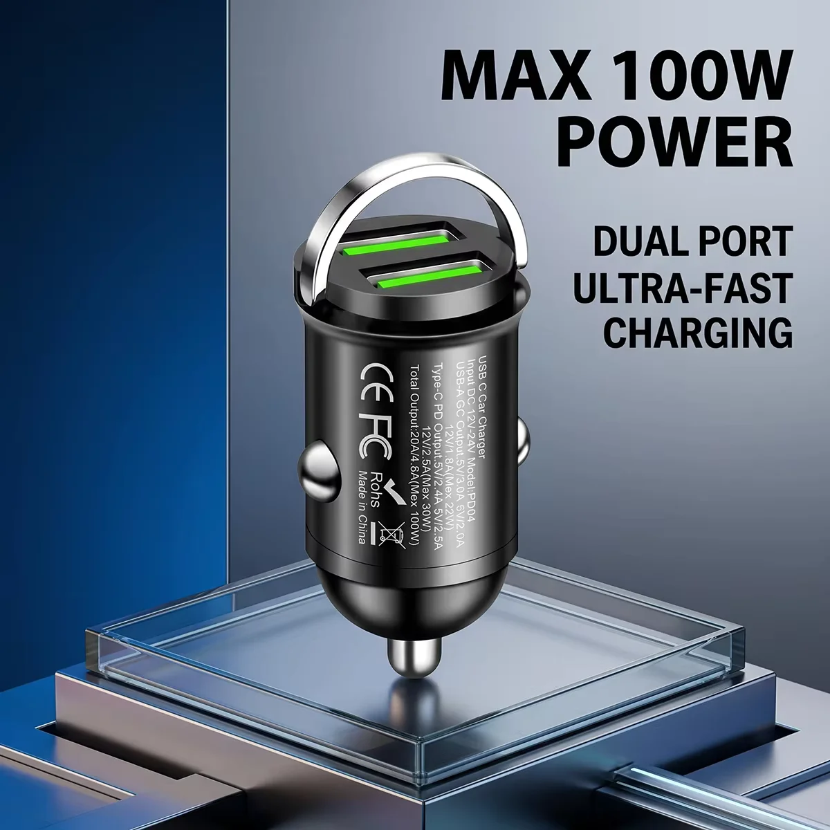 Mini Pull Ring Car Charger 100W Dual Port USB A QC Fast Charging Flush Fit Adapter Intelligent Circuit Protection Vehicle Use
