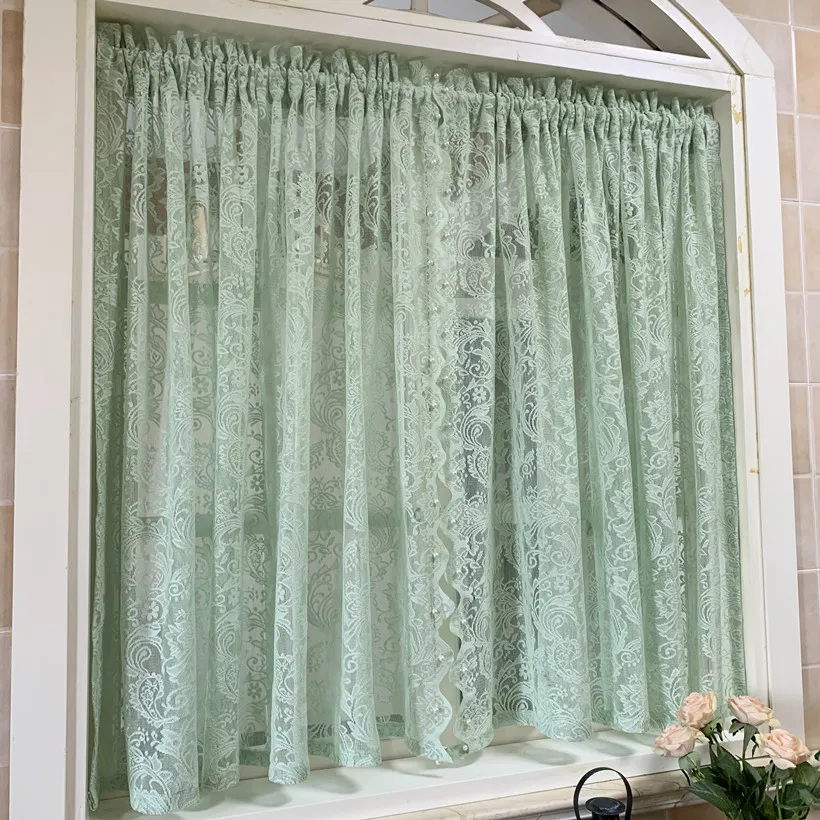 2 PCS Special Design Green Lace Kitchen Short Curtain Korean Pastoral Style Wave Side Half Curtain Living room Window Partition