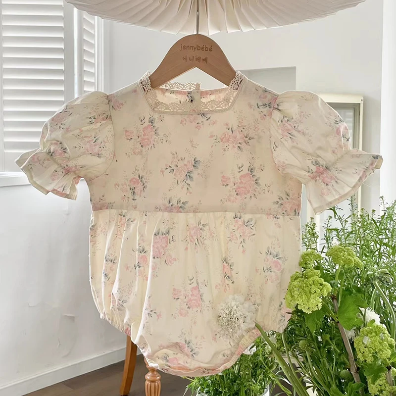 2024 Infant Baby Girls Jumpsuit Lace Collar Flowers Cotton Newborn Baby Girl Bodysuits Summer Baby Girls Clothes Korean Style