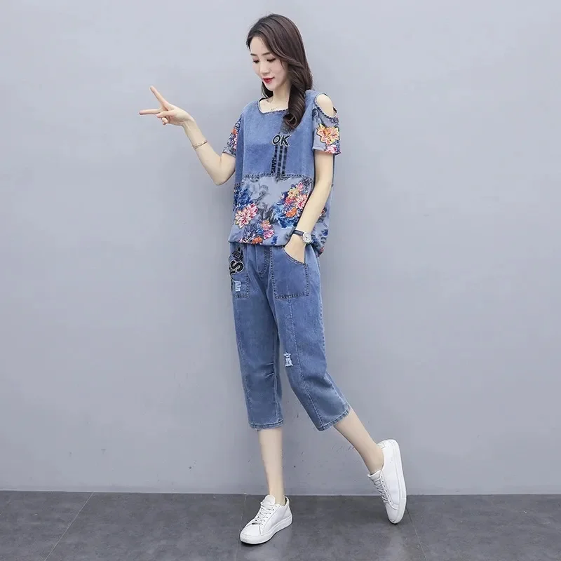 Summer Denim Printed Stitching Pants Two-Piece Women\'s 2023 New Summer Fashion Casual Denim Top + Hole Jeans Pants Female Sets