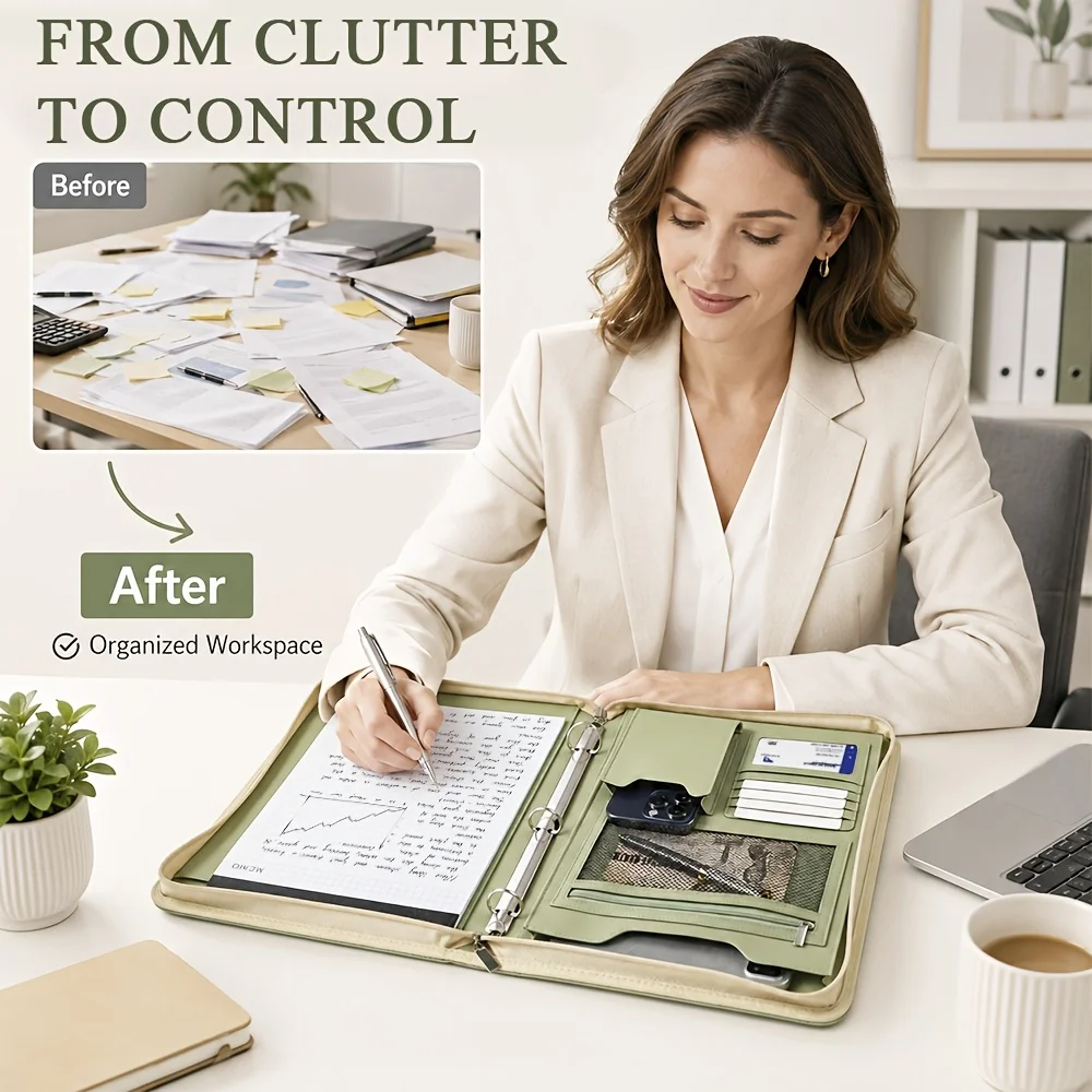 Embossed Faux Leather A4 Zipper Padfolio 3 Ring Binder Portfolio Multi Pocket Document Resume Folder 25 Sheets Writing Paper