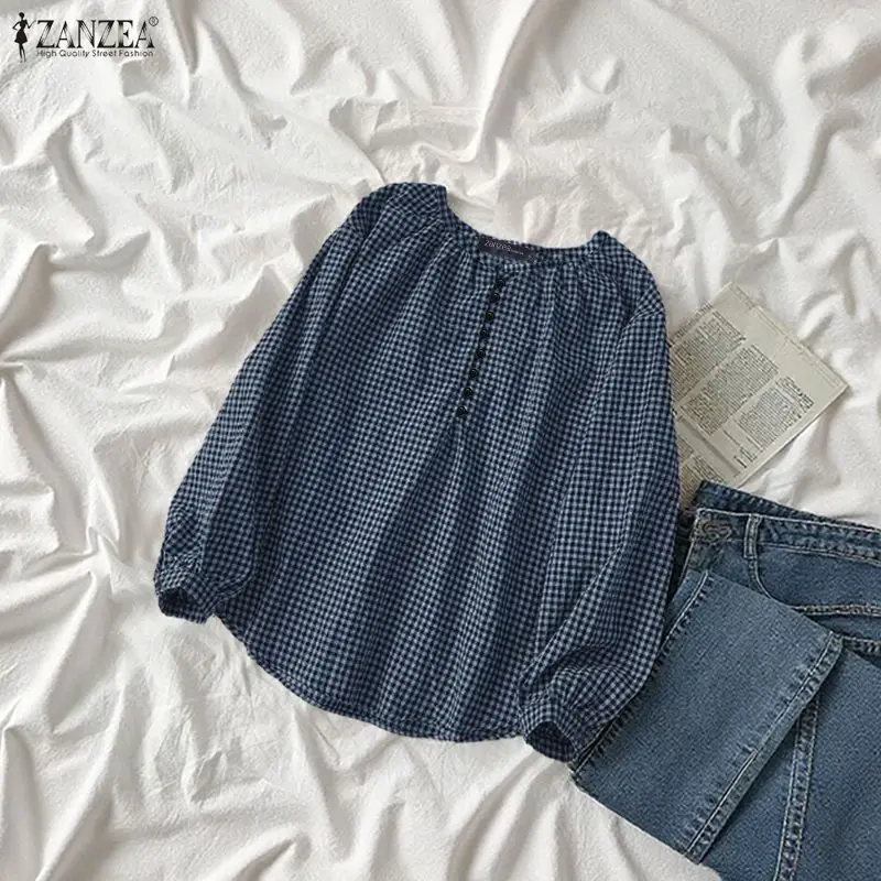 여성 캐주얼 데일리 깅엄 블라우스 주름진 O넥 반단추 긴팔 체크 탑 봄 여름 ZANZEA 여성 의류