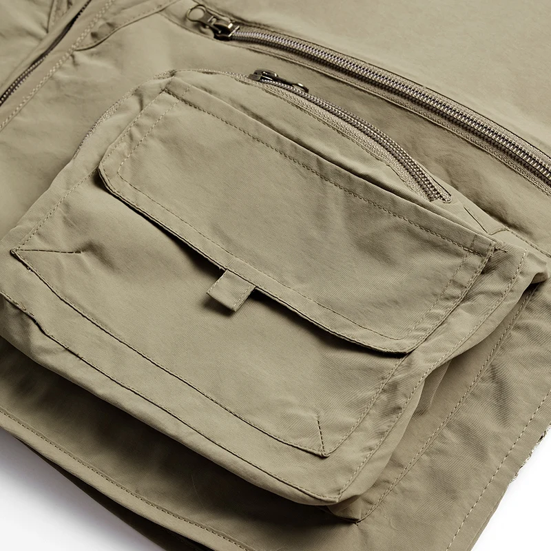 Neue, leichte Sommerweste aus atmungsaktivem Netzstoff, die schnell trocknet, für Herren, mit mehreren Taschen, als Angelweste oder Freizeitweste geeignet, mit ausgeschnittenen, übergroßen Schulterpartien. – Detail 15