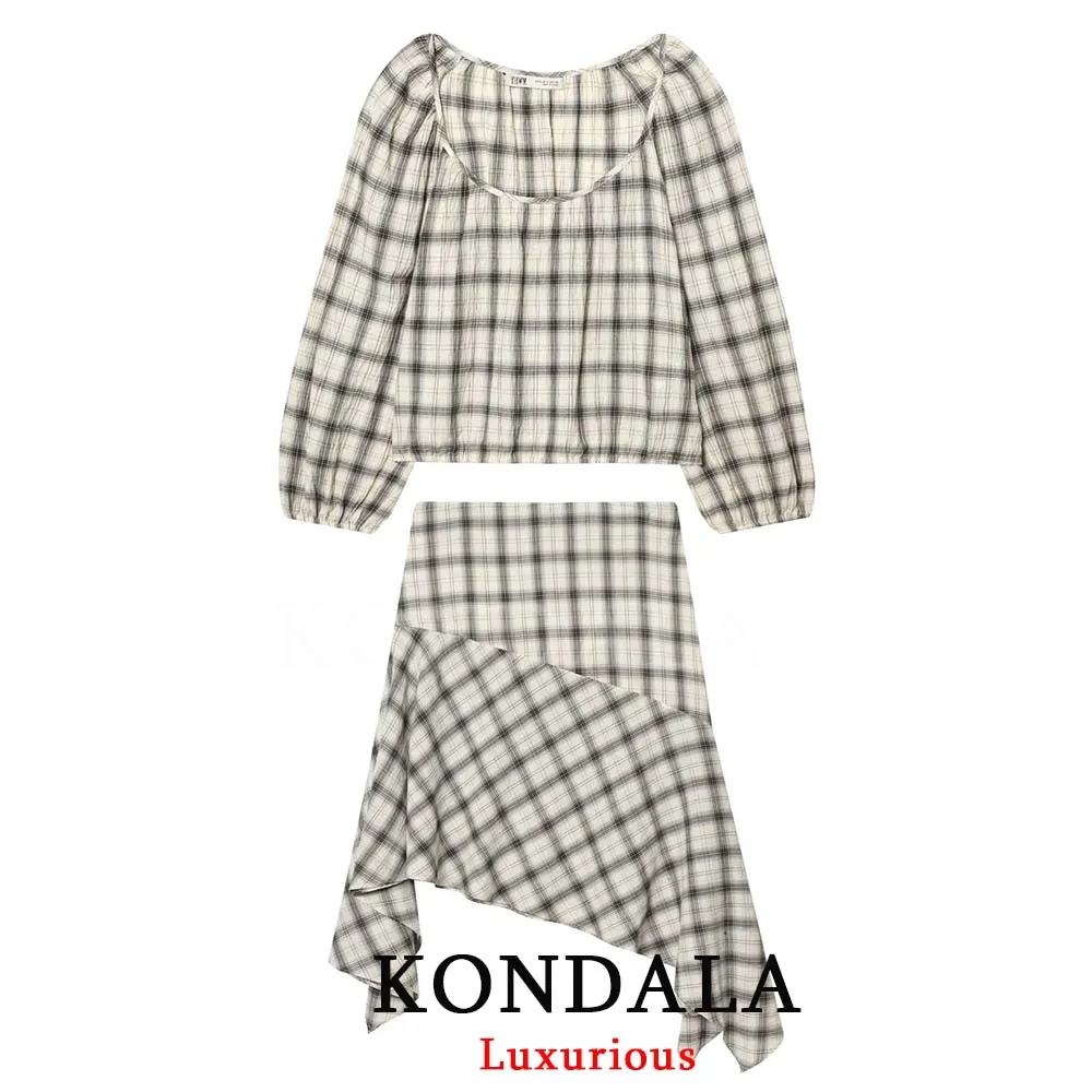 

KONDALA Casual Chic Women Plaid Suit O-Neck Long Puff Sleeve Loose Top Asymmetrical Zipper Skirt Fashion 2026 Spring Summer Sets