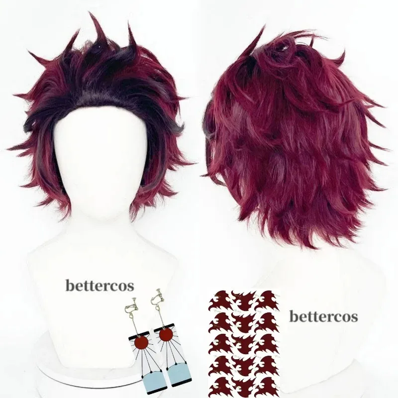 Tanjiro Kamado Peluca de cosplay Pelucas de cosplay de pelo corto marrón castaño resistente al calor + aretes