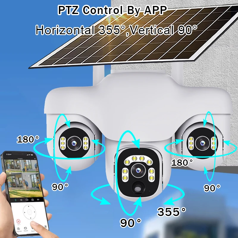 Three Lens Solar PTZ Camera Outdoor IP66 Waterproof Battery Video Monitor 12MP 3-Screen 10X Zoom Security Surveillance Cameras