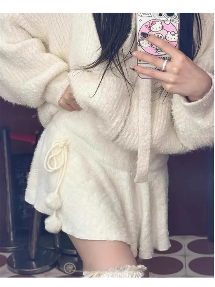 

Юбка-фея, трикотажная юбка трапециевидной формы с завышенной талией, белый цвет, осень-зима, японское чистое желание